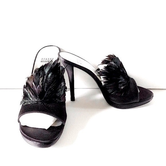 NWT Stuart Weitzman Feathered Black Satin Strapless Heels Size 6 - Picture 12 of 17